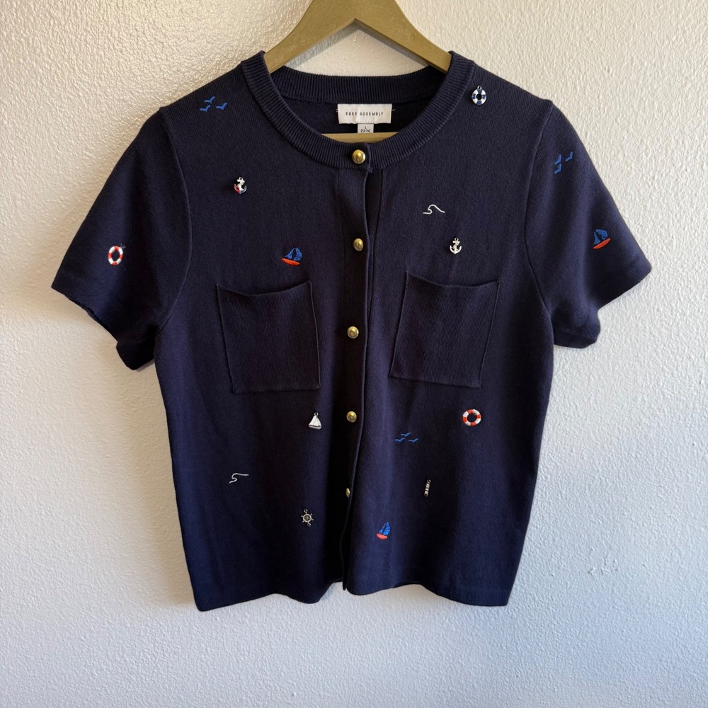 Free Assembly Size Large Navy Blue Knit Nautical Embroidered Button Up Sweater